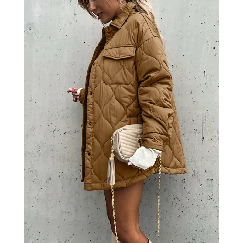 Autumn Winter New Women\'s Clothing Solid Color Mid-Length Single-Breasted Cotton Coat Jacket