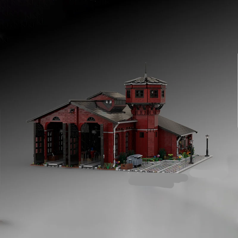 Modelo de vista de rua moc tijolos de construção locomotiva histórica galpão tecnologia modular presentes feriado montar crianças brinquedos terno