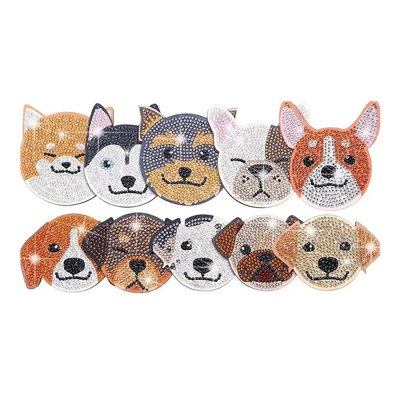 A36T-10Pcs DIY Crystal Flash Diamond Painted Wooden Art Coasters With Bracket Animal Dog Style