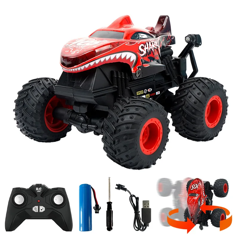 Coche RC de dinosaurio tiburón giratorio de 360 grados, luces musicales para niños 1:20, coche acrobático con Control remoto, coche de juguete para niños