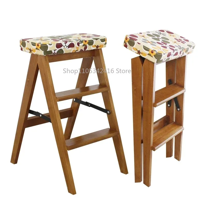 Solid Wood Folding Step Stool, Multifunctional Portable Wooden Ladder, Dual-Purpose Folding Chair & HouseholdLadderforKitchenUse