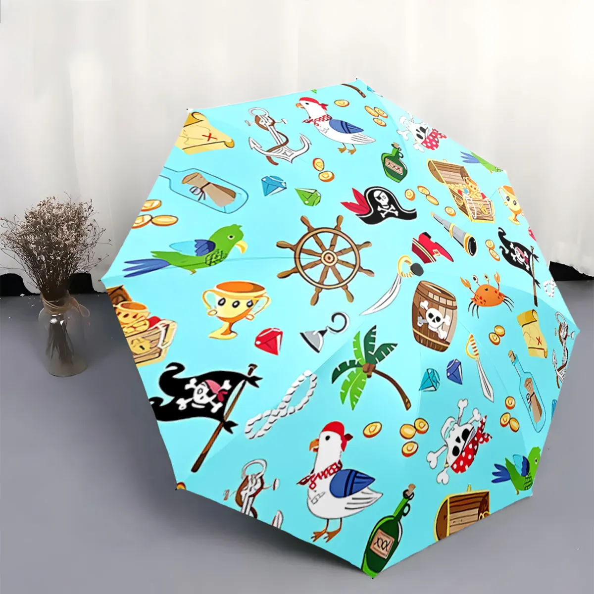 Pirate-Themed Blue Umbrella with Cartoon Adventure Patterns portable waterproof sun rain umbrella for outdoor travel beach