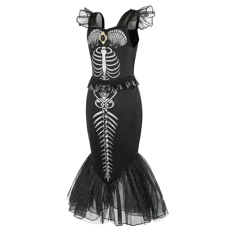 Kids Halloween Skeleton Mermaid Costume Black Princess Fishtail Dress Scary Zombie Queen Outfits