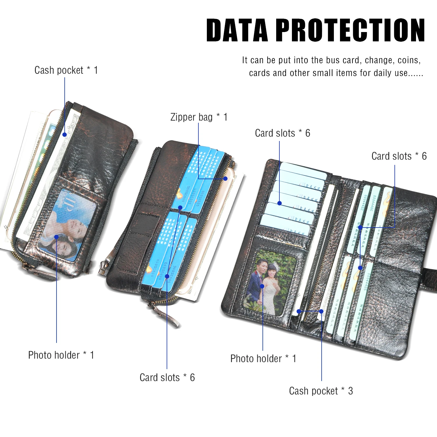 뜨거운 판매 두꺼운 정품 가죽 여행 비즈니스 주최자 체인 RFID 지갑 남성용 긴 지퍼 남성 지갑 카드 홀더 1803