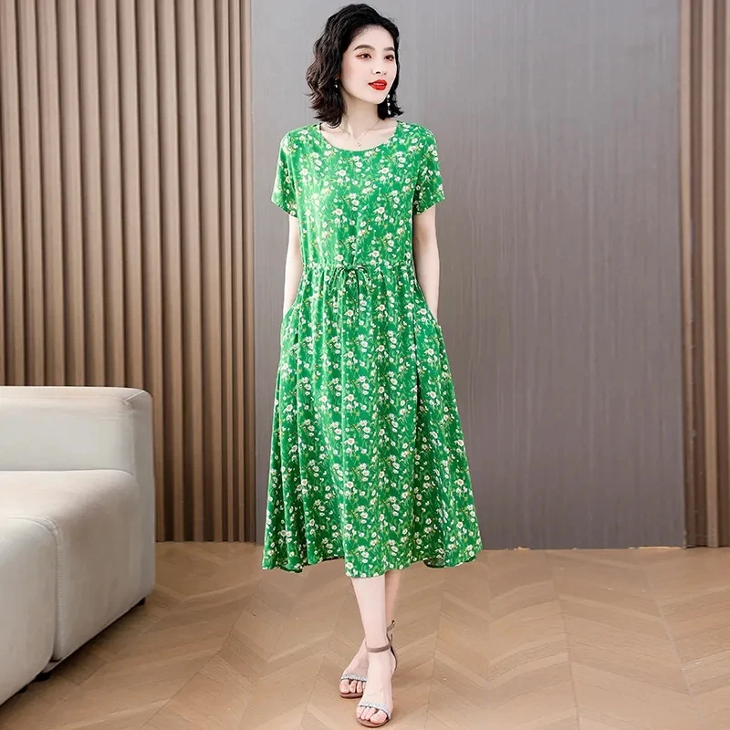 Oversized Summer Women's Dress Elegant Floral Print Long Vestidos 2024 New Short Sleeve Elbise Casual Mom's A-line Dresses