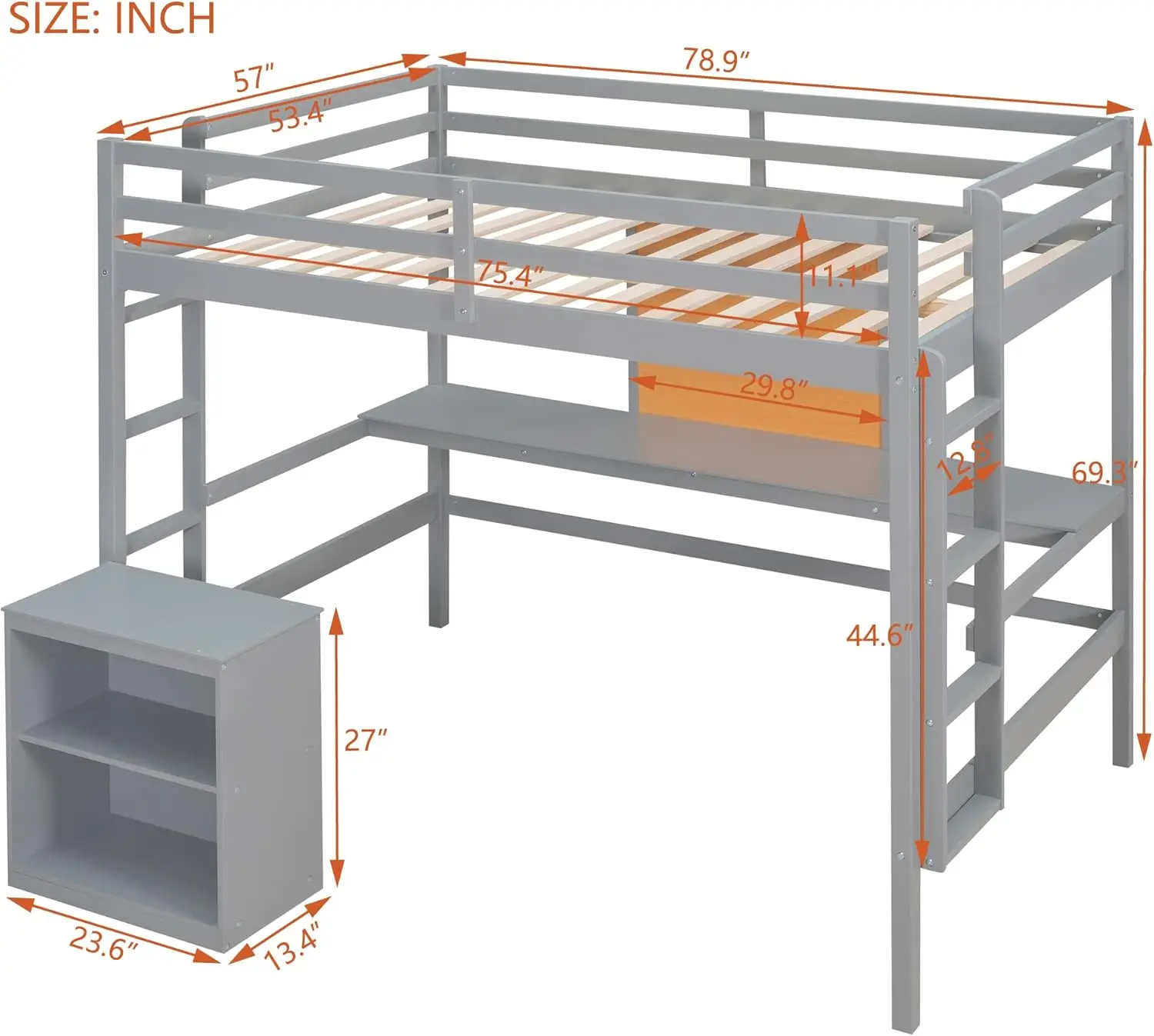 Lit Loft pleine grandeur avec bureau et tableau d'écriture, cadre de lit Loft en bois avec 2 échelles intégrées et garde-corps pour enfants et adolescents