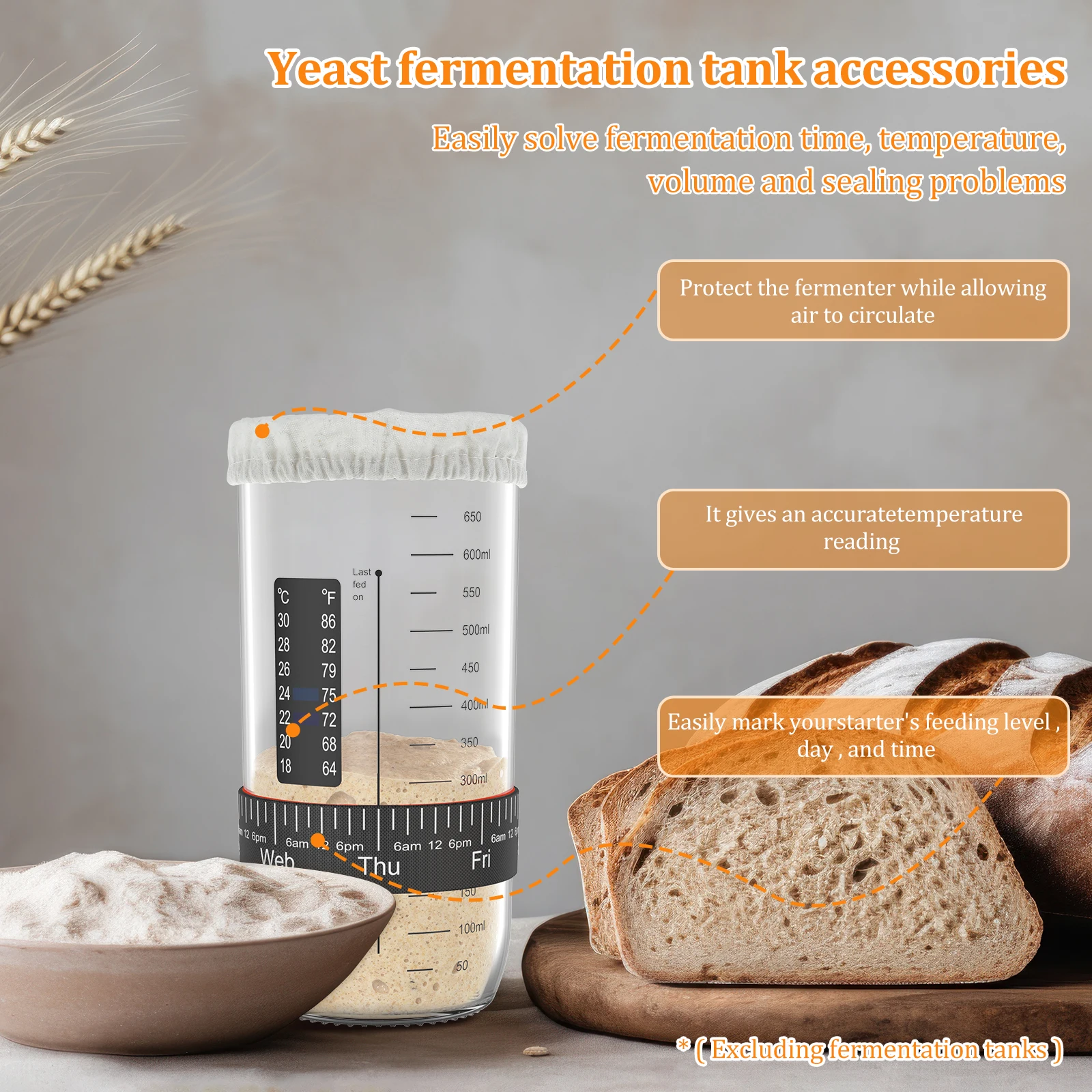 Sourdough Starter Acessórios Kit, Capa de pano, Data Marked Feeding Band, Temperatura Paper Jar, Novo, 6pcs