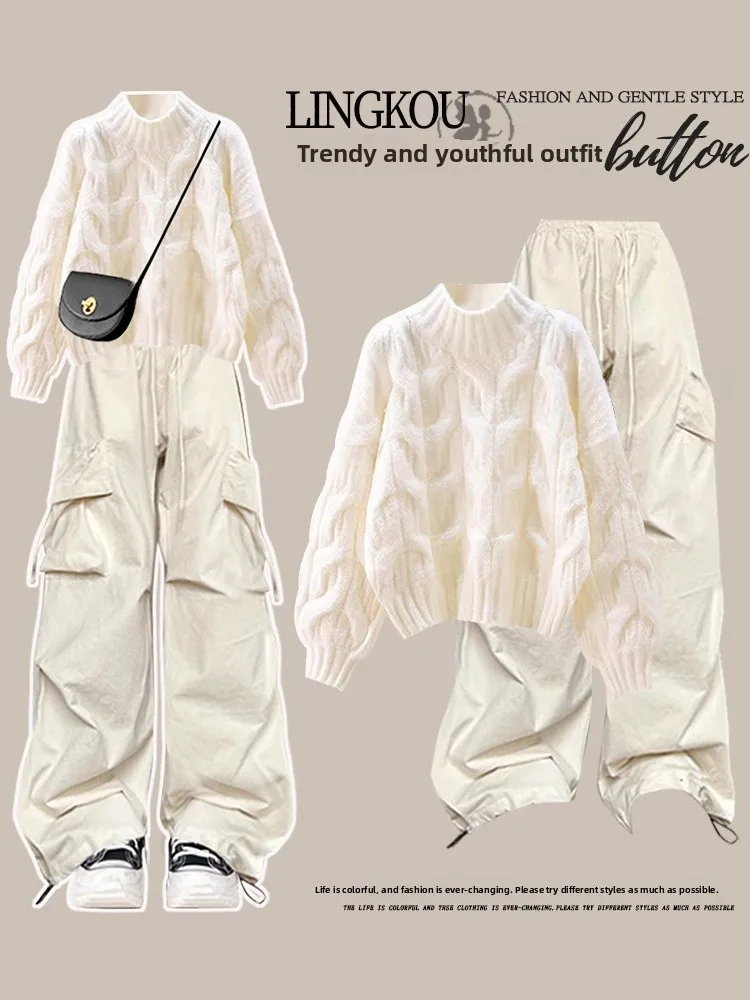 plus Size Knitted Casual Women's Set Conceal Meat Twist Sweater with Slimming Effect Workwear Casual Pants Fashionable Autumn