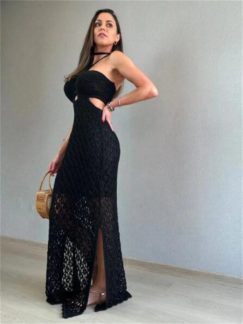 Sexy Halter Cut Out High Slit Long Knit Dress, Beach Bikini Cover up Sarong, Off Shoulder Crochet Swimwear Strój kąpielowy dla kobiet