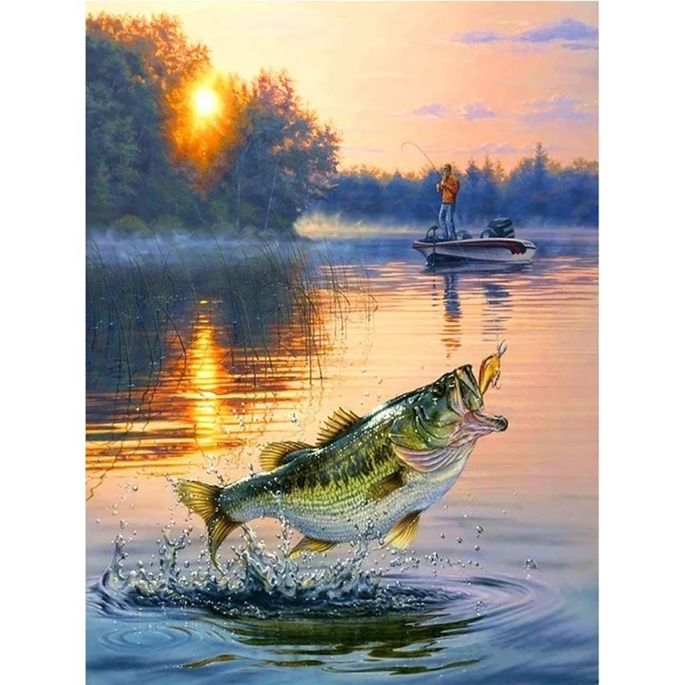 5D DIY Fishermen and fish Diamond Painting Cross Stitch Full Square Round Drill Embroidery Colorful Handmade Home Room Decor