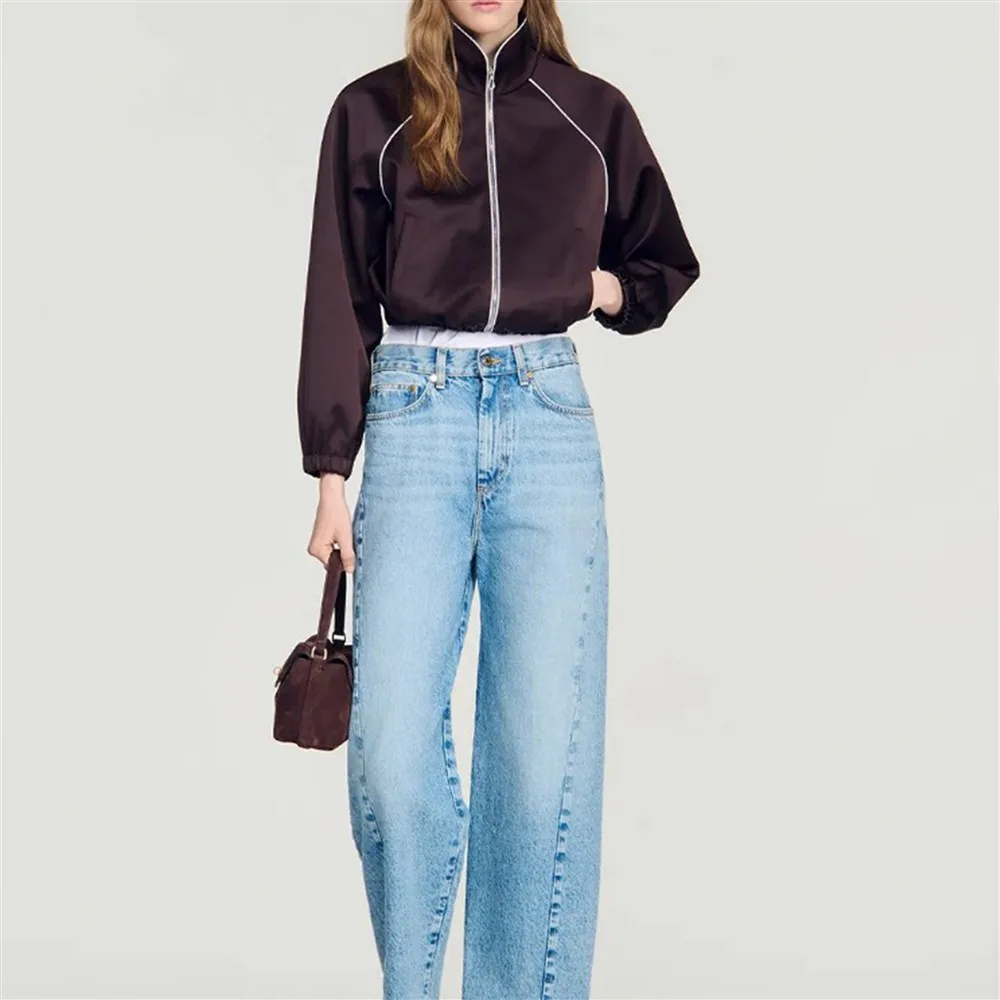 MaSande Women's Retro Stand Collar Short Jacket Shoulder Sleeve Stitching Polyester Fiber Straight Tube Short Outerwear
