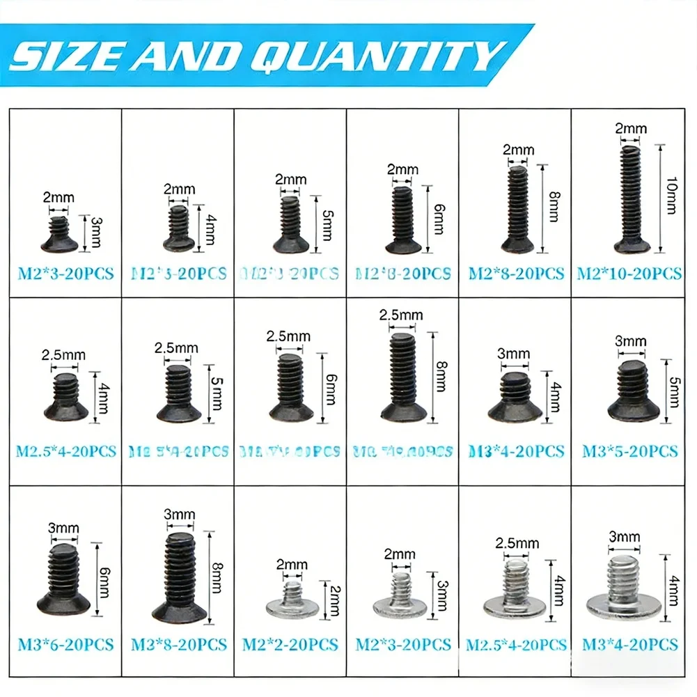 360PC Laptop Screws Kit M2 M2.5 For M3 Black Zinc Coated Countersunk Head Screws for Computer Hardware Assembly