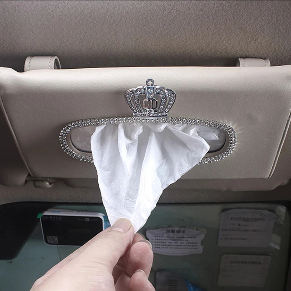 Fashion Crown Crystal Car Tissue Box Sun Visor Leather Auto Tissue Bag Sunvisor Hanging Holder Case Napkin For Car Accessories