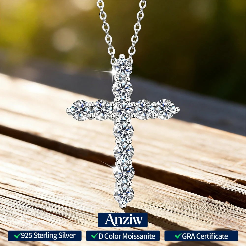 Anziw Religious Cross Necklace 3.5mm D Color Moissanite Pendant for Women Men 925 Silver Adjustable Chain GRA Fine Jewelry Gift