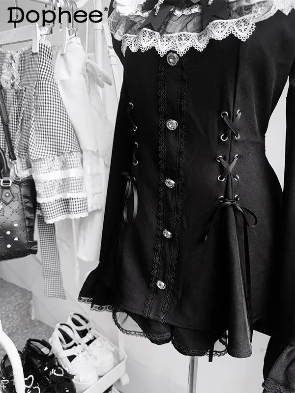 

Japanese Original Lolita Gothic Style Mass-Produced Lace Bell Sleeve Dress Set Waist-Cinching Sweet Girl Two-Piece Set