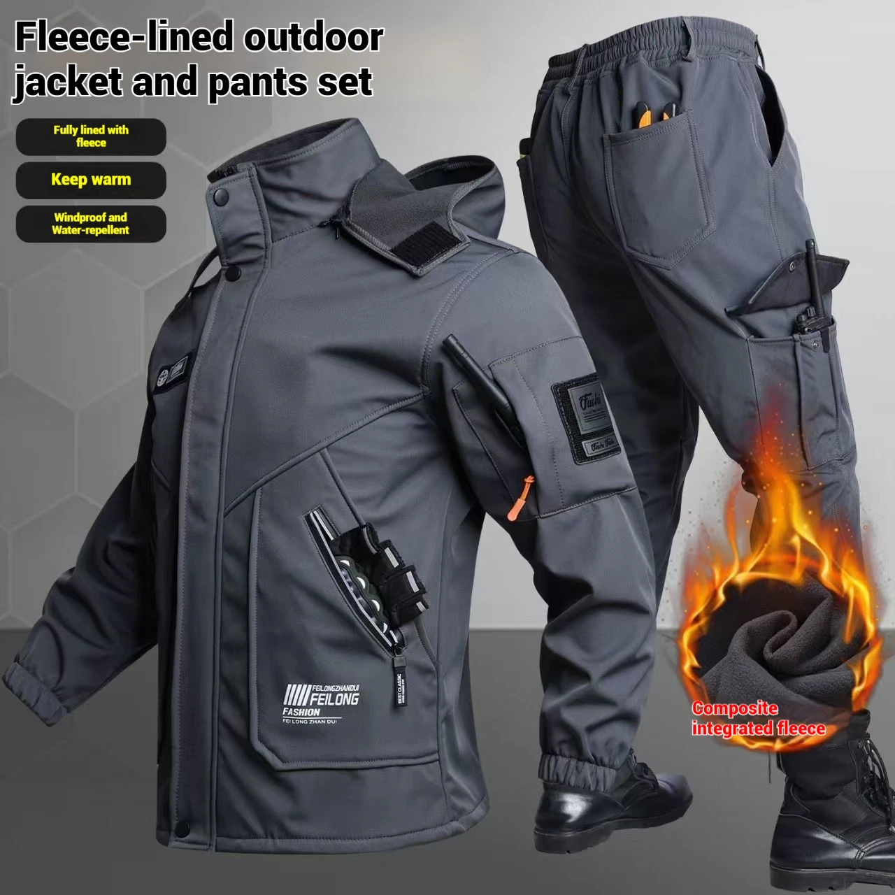 Mens 3 In 1 Tactical Jacket Set Winter Fleece Lined Windproof Assault Outerwear Hooded Riding Coat Training Sport Suit Training
