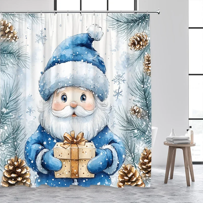 Cute Santa Claus Shower Curtain Winter Watercolour Blue Floral Forest Plant Snowflake Christmas Bath Curtain Home Bathroom Decor