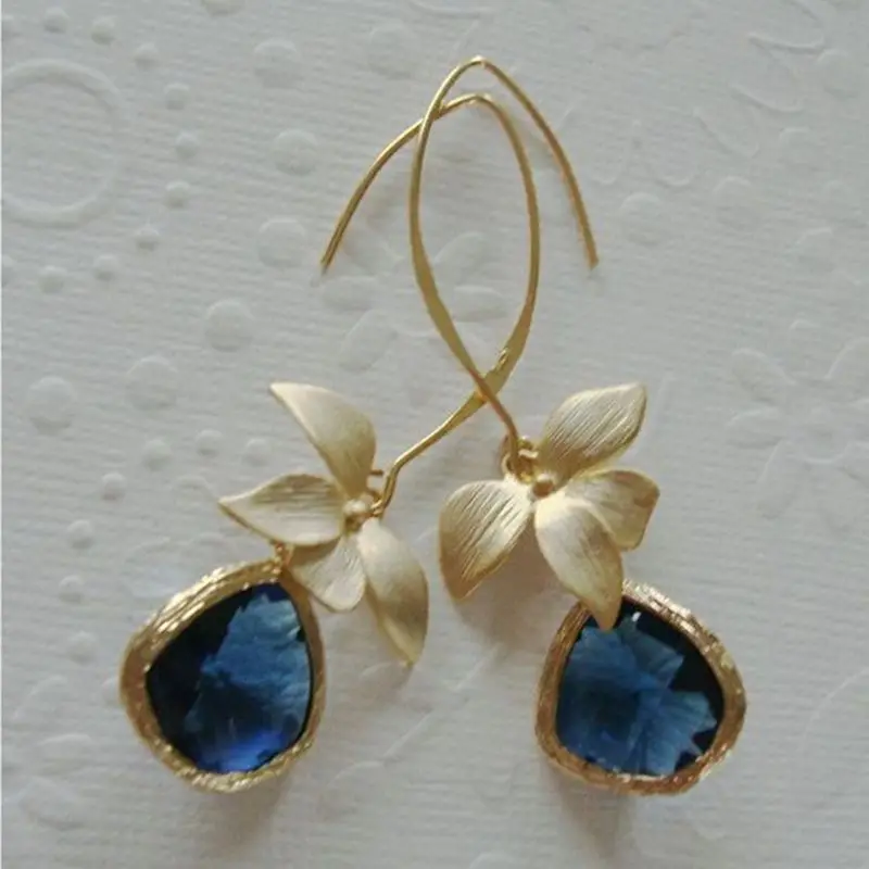 Fashion Yellow Gold Color Flower Water Drop Earring Shiny Blue Earrings for Women Engagement Wedding Anniversary Gift