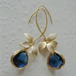 Fashion Yellow Gold Color Flower Water Drop Earring Shiny Blue Earrings for Women Engagement Wedding Anniversary Gift