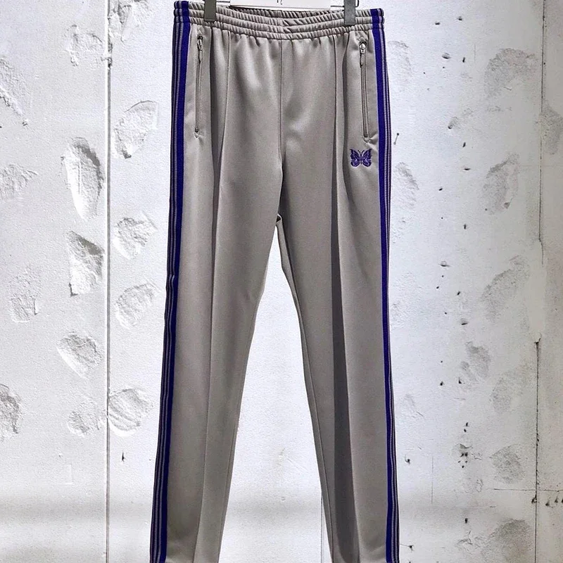 Cotton 1:1 Gray Trousers Purple Butterfly Embroidery+Classic Webbing Track Stripe Pants Oversize Sweatpants Men Women