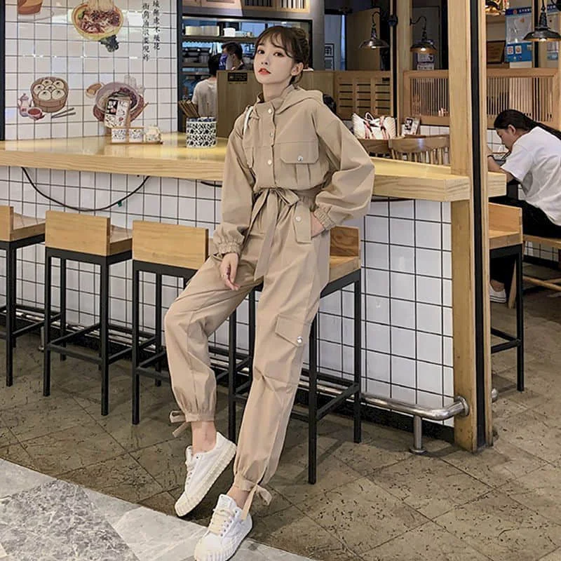 Workwear Jumpsuit สไตล์ใหม่ Cool หลวมผู้หญิงกางเกงแนวโน้มผู้หญิงชุด One Piece ปุ่มเข็มขัดเอวสูง Hooded