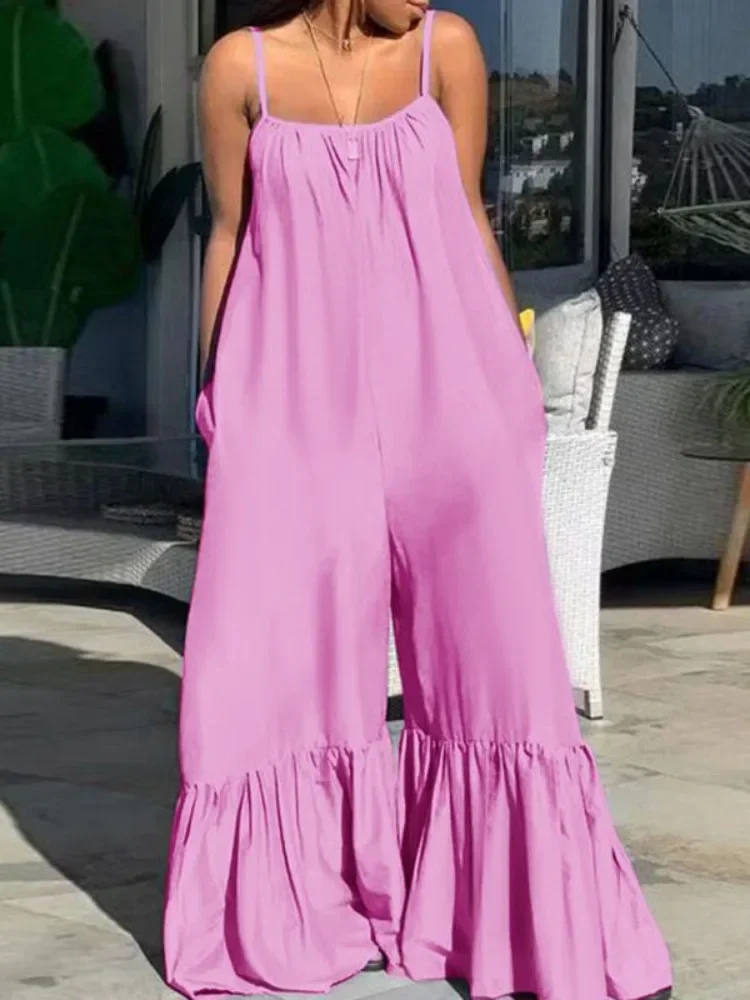 Uoozee Jumpsuits For Women 2024 New Summer Sleeveless Fashion Solid Color Spaghetti-Neck Casual Going Out Wide Leg Jump Suits