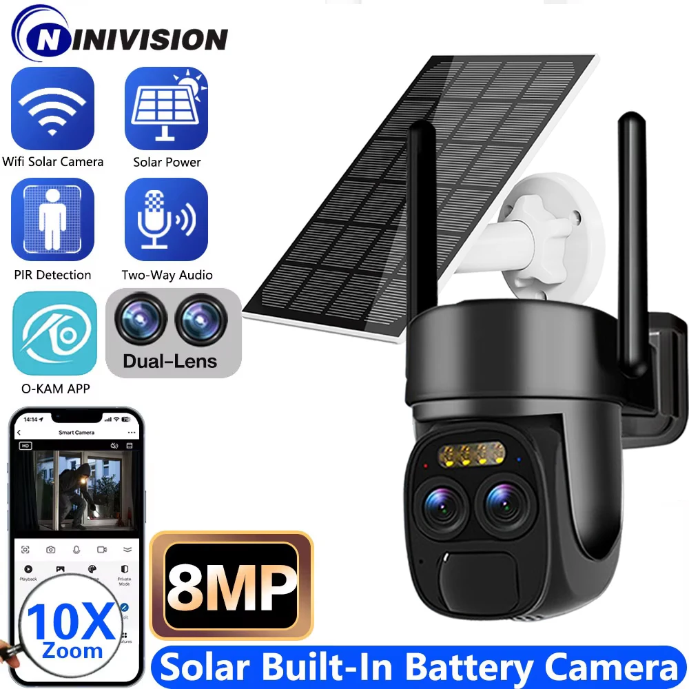 10X Zoom Dual Lens WIFI Solar Cameras 8MP Wireless Surveillance PTZ Battery Camera 4K Color Night Vision Two Way Audio O-KAM APP