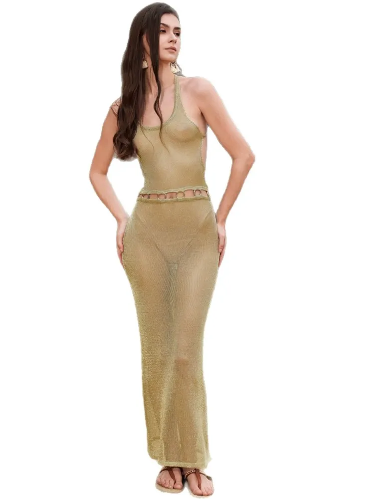 Robe de plage longue en tricot pour femmes, Sexy, ajourée, col en U, sans manches, Cover-Up pour Bikini, dos nu, robe de vacances, été, 2026