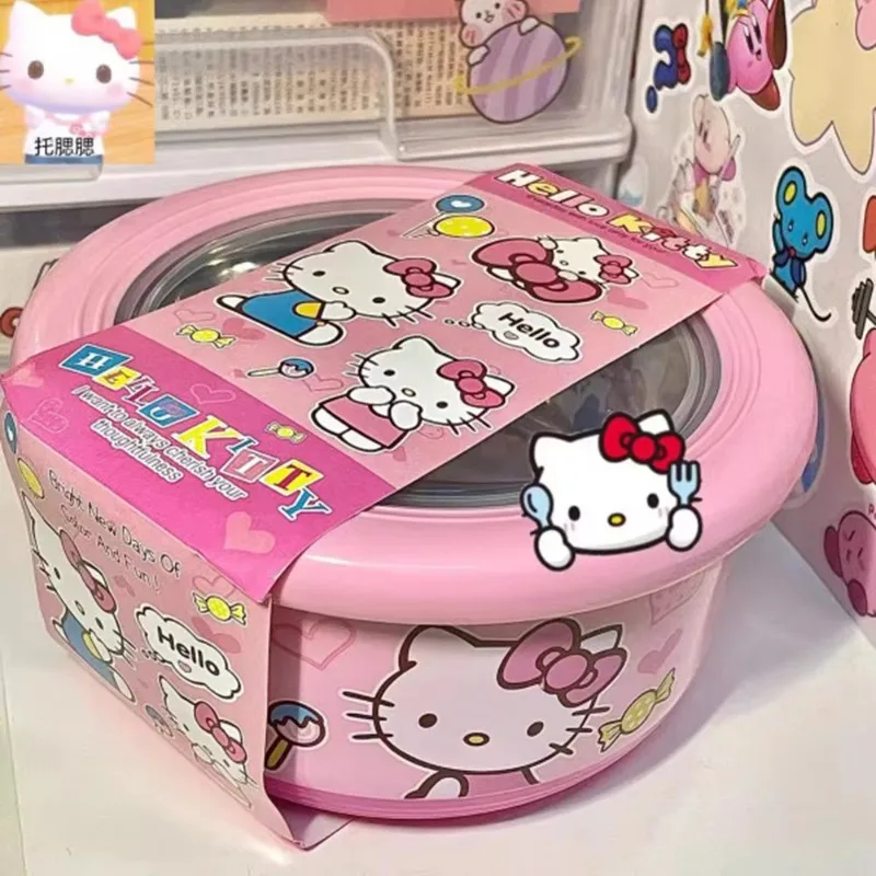 Bonito cuenco de Ramen de acero inoxidable Sanrio Hello Kitty con tapa, fideos instantáneos grandes, ensalada de frutas, tazón de sopa de arroz, vajilla de cocina