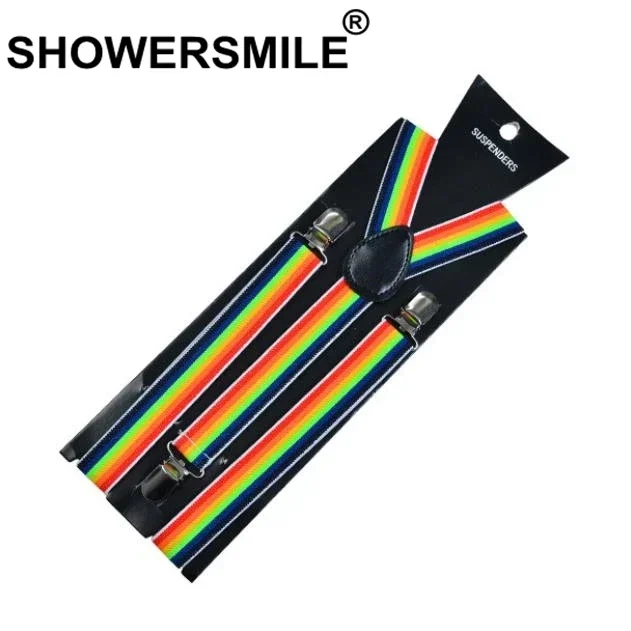 

SHOWERSMILE Children Rainbow Suspenders Boy Girl Bright Color Striped Suspenders Colorful Female Braces 3 Clips 100cm Elastic