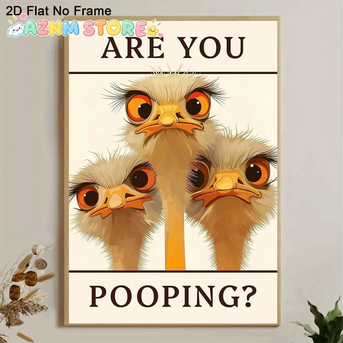 2D Flat, 1pc Frameless Canvas Poster, Funny Ostriches Questioning Are You Pooping?, Unique Wall Art Canvas Painting, Bedroom
