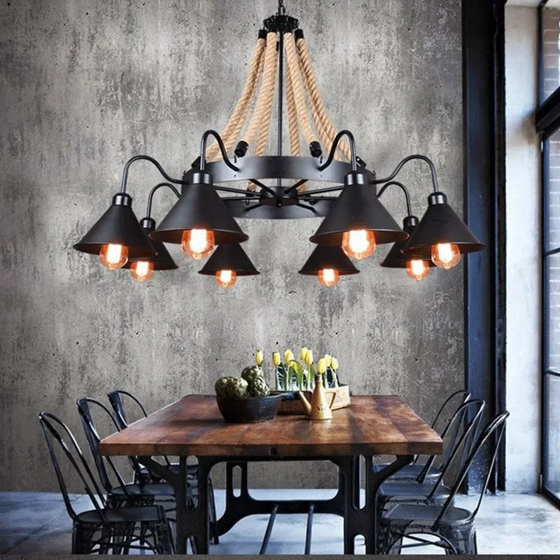 Vintage Hemp Rope Pendant Lamps Iron Lampshade Retro Coffee House Bar Indoor Lightings E27 Industrial Style Chain  Light