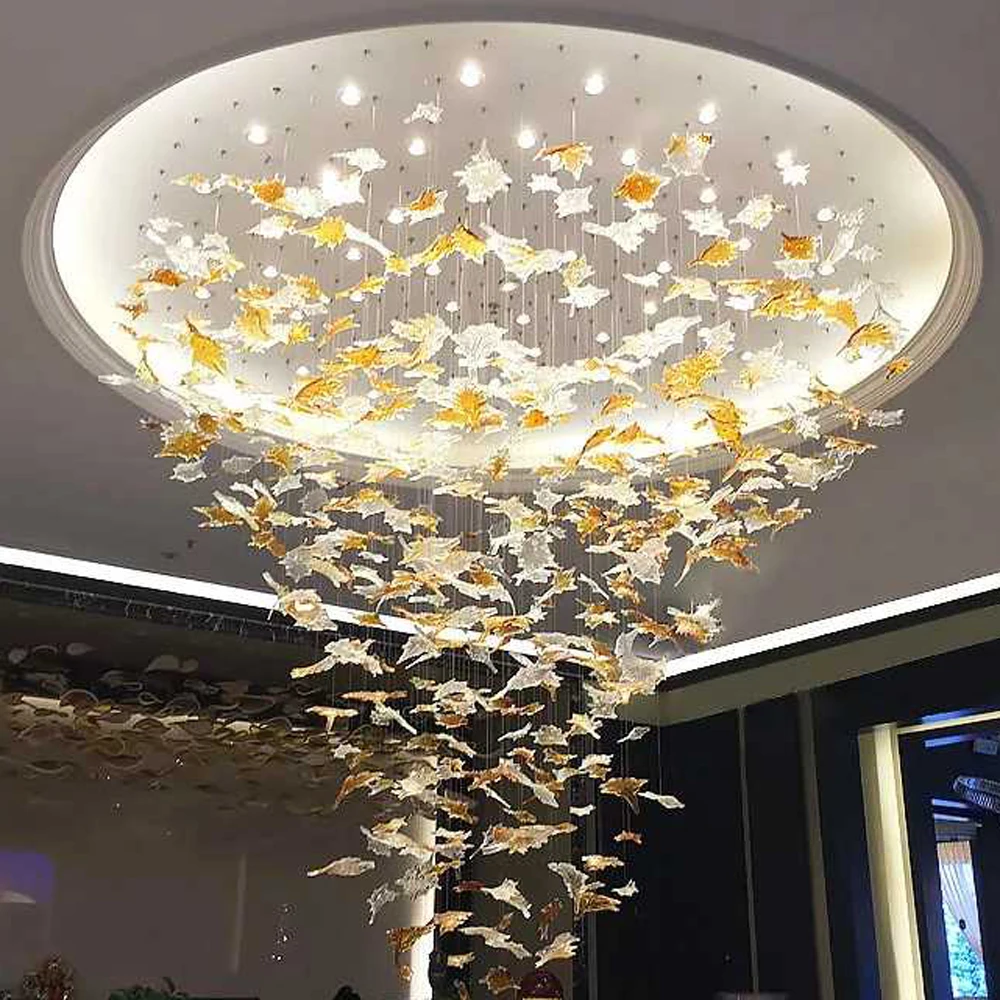 

Art Designer Large Hotel Lobby Chandelier Maple Leaves Decoration For Villa Led Hanglamp Luxury Project Lighting Free Style