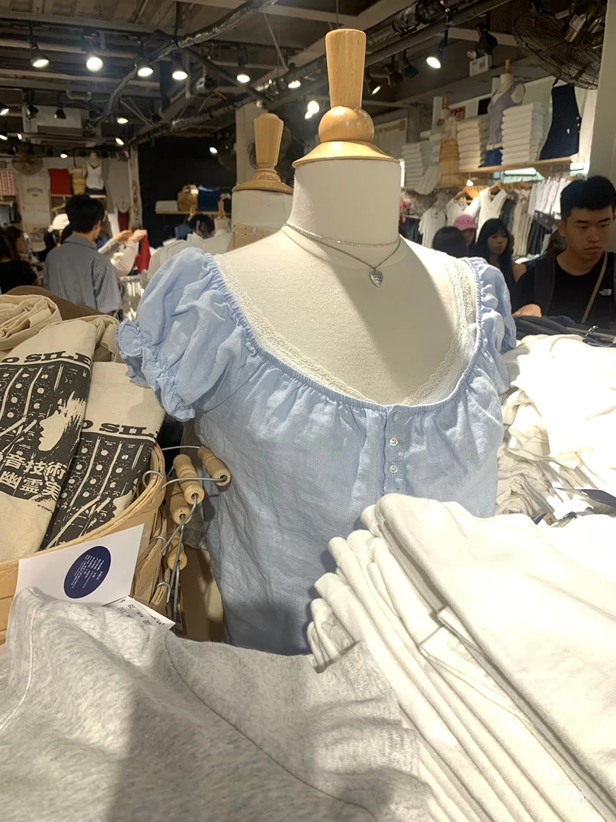 

Blue Back Lace-up Slim T-Shirt Blouse Women Three Buttons Square Collar Ruffles Puff Sleeve Tee Tops Sweet Simple New Tshirt Y2k