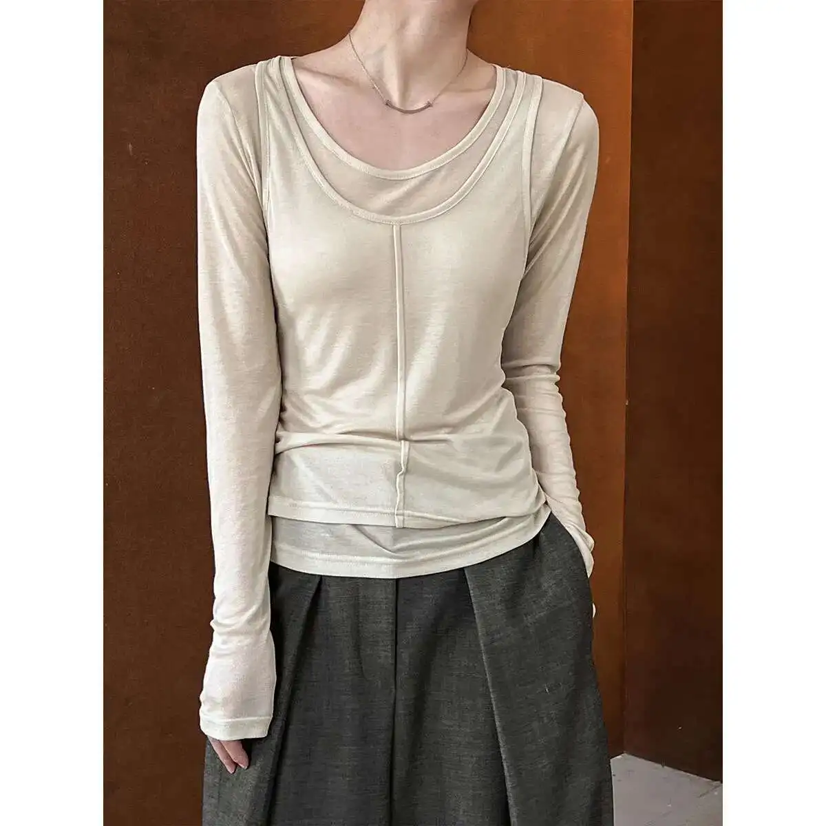 

Casual Fashion Stacked Vest Long Sleeve Two Piece Set for Women 2025 Spring New T-shirt Top Set Base Shirt 2875