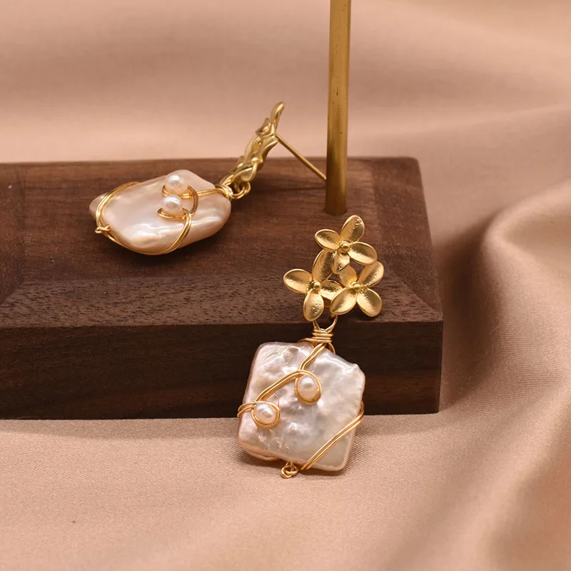 Natural Baroque Square Pearl Earrings Original Design Handmade Flower Drop Earrings for Women Fine Jewelry GE0754