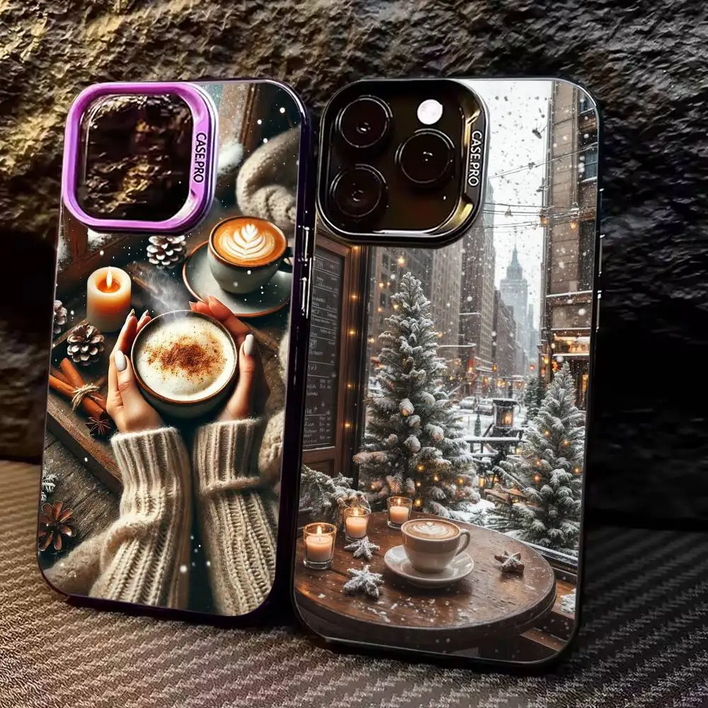 

Christmas winter Coffee Phone Case For iPhone 17, 16,15,14,13,12,11 Plus,Pro Max, Colorful Silver Funda Cover