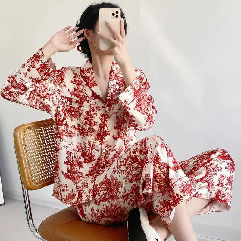 

Women's Ice Silk Pajamas Set Long Sleeve Two Piece Comfortable Sleepwear round Neck Home Clothes for Autumn Season