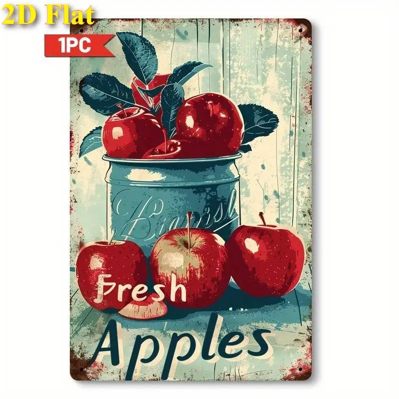 2D Flat, Single Metal Sign, Basic Fruit Design, Apple Metal Tin Sign, Ideal for Decorating Living Room, Bedroom, Kitchen