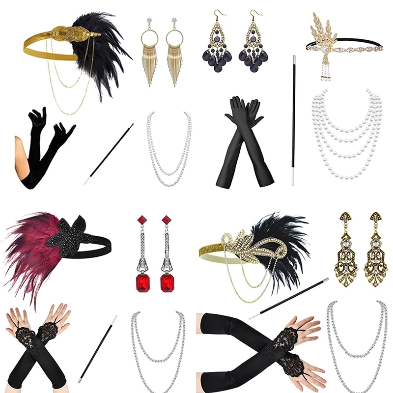 

1920's Cosplay Flapper Halloween Costume Headband Pearl Necklace Long Glove Masquerade Set Accessories