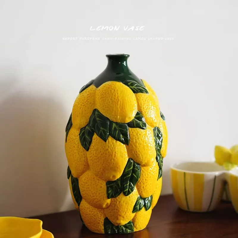 Lemon Shape Relief Ceramic Hand-painted Vase Small Diameter Three-dimensional Flower Arrangement