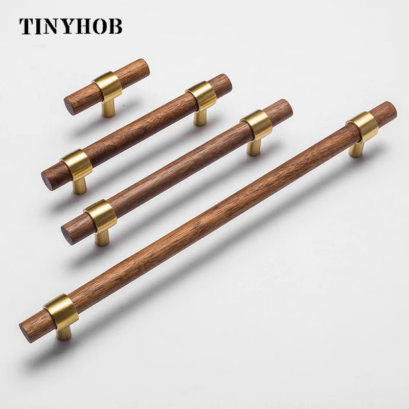 Natural Wood+brass T Bar Door Handles American Style Furniture Wooden Handle Drawer Pulls Kitchen Cabinet Knobs and Handles