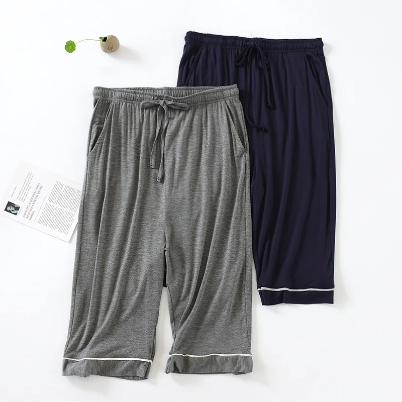 Elastic Waist Sleep Pant Pajamas Men Solid Color Nightwear Modal Cropped Pants Summer Homewear Home Clothing shorts