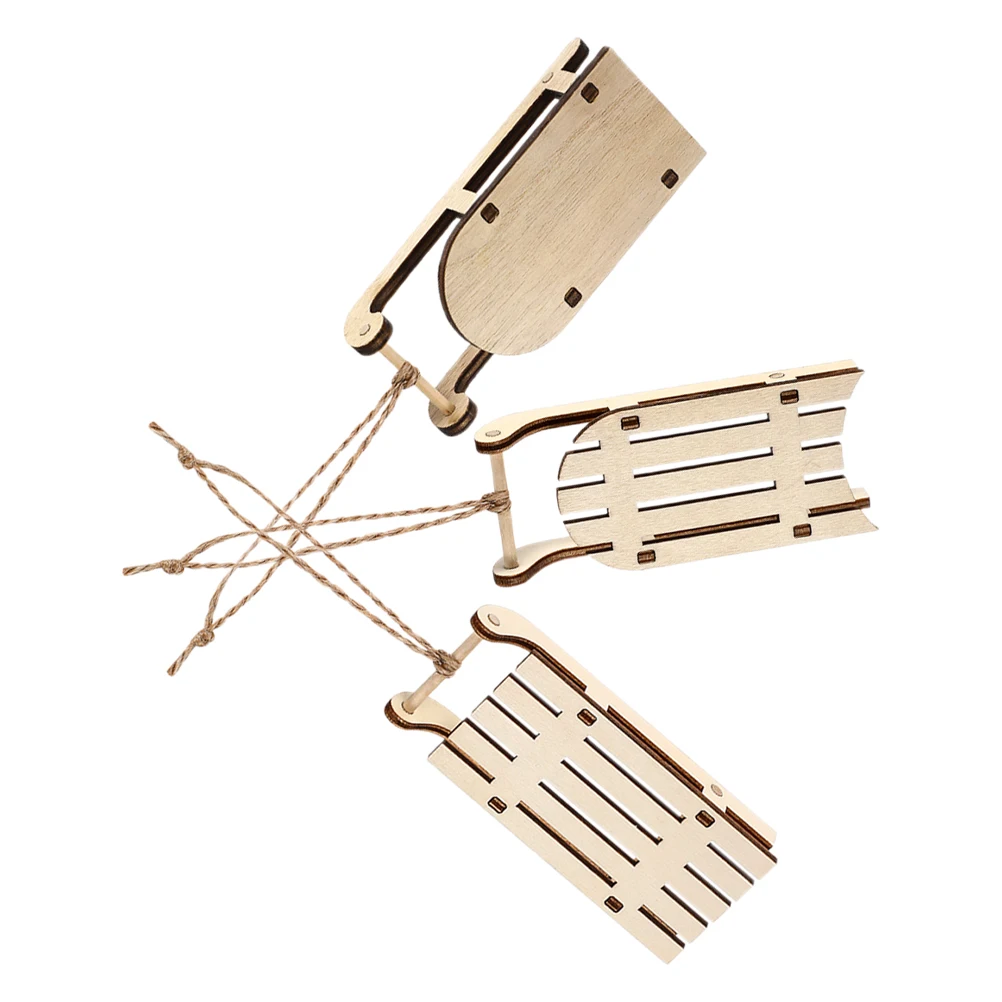 

3pcs Mini Sled Car Desktop Holiday Crafts Wooden Sleigh Christmas Tree Ornament Vintage Xmas Pendant Decor Beige Model DIY