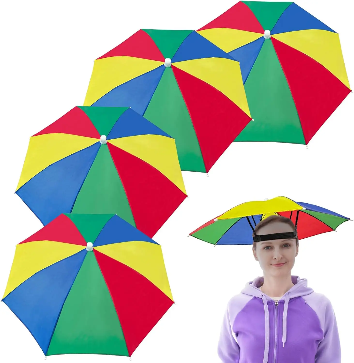 

Набор из 4 штук: шляпа-зонт с регулируемым ремешком на голову – защита от солнца и дождя для садоводства, рыбалки и прогулок с собакой – комфорт F