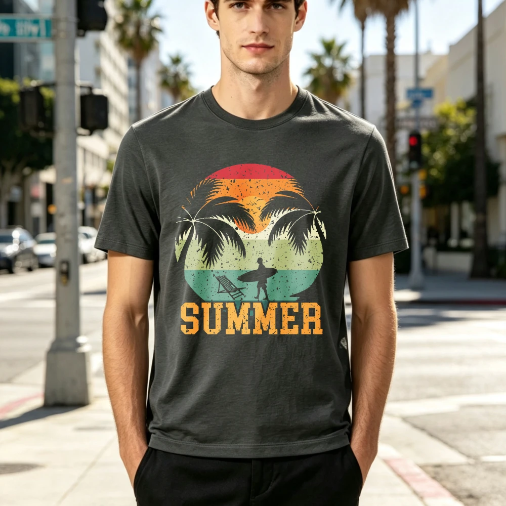 Summer Surfing Palm Trees T Shirt Women Men Vintage Sunset Black Short Sleeve Crew Neck Retro Casual Beach Vacation Gift