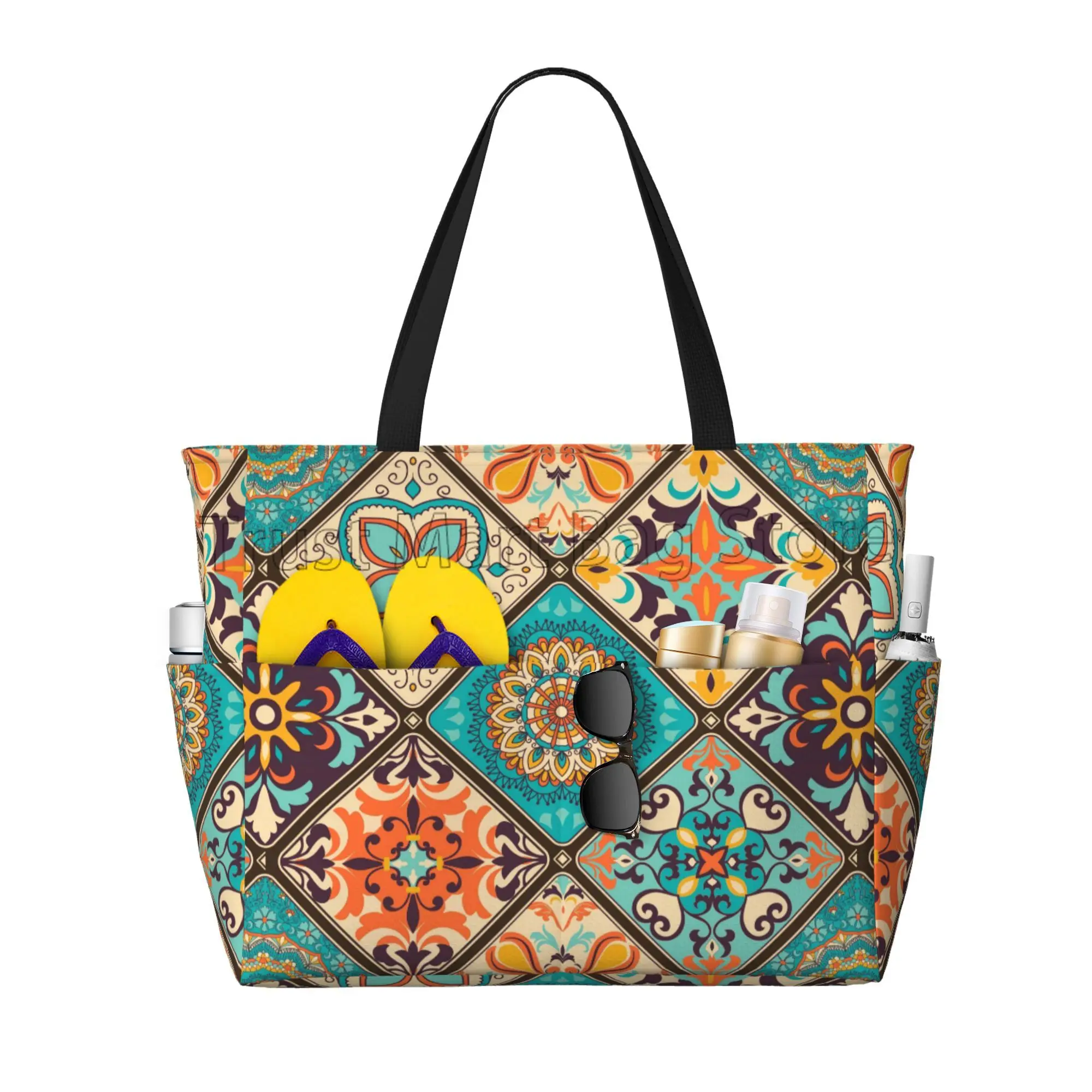 Ethnic Mandala Flowers Waterproof  Beach Tote Pool Bags for Women Ladies Extra Large Gym Tote Carry on Bag for Weekender Travel