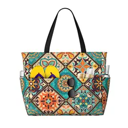 Ethnic Mandala Flowers Waterproof  Beach Tote Pool Bags for Women Ladies Extra Large Gym Tote Carry on Bag for Weekender Travel