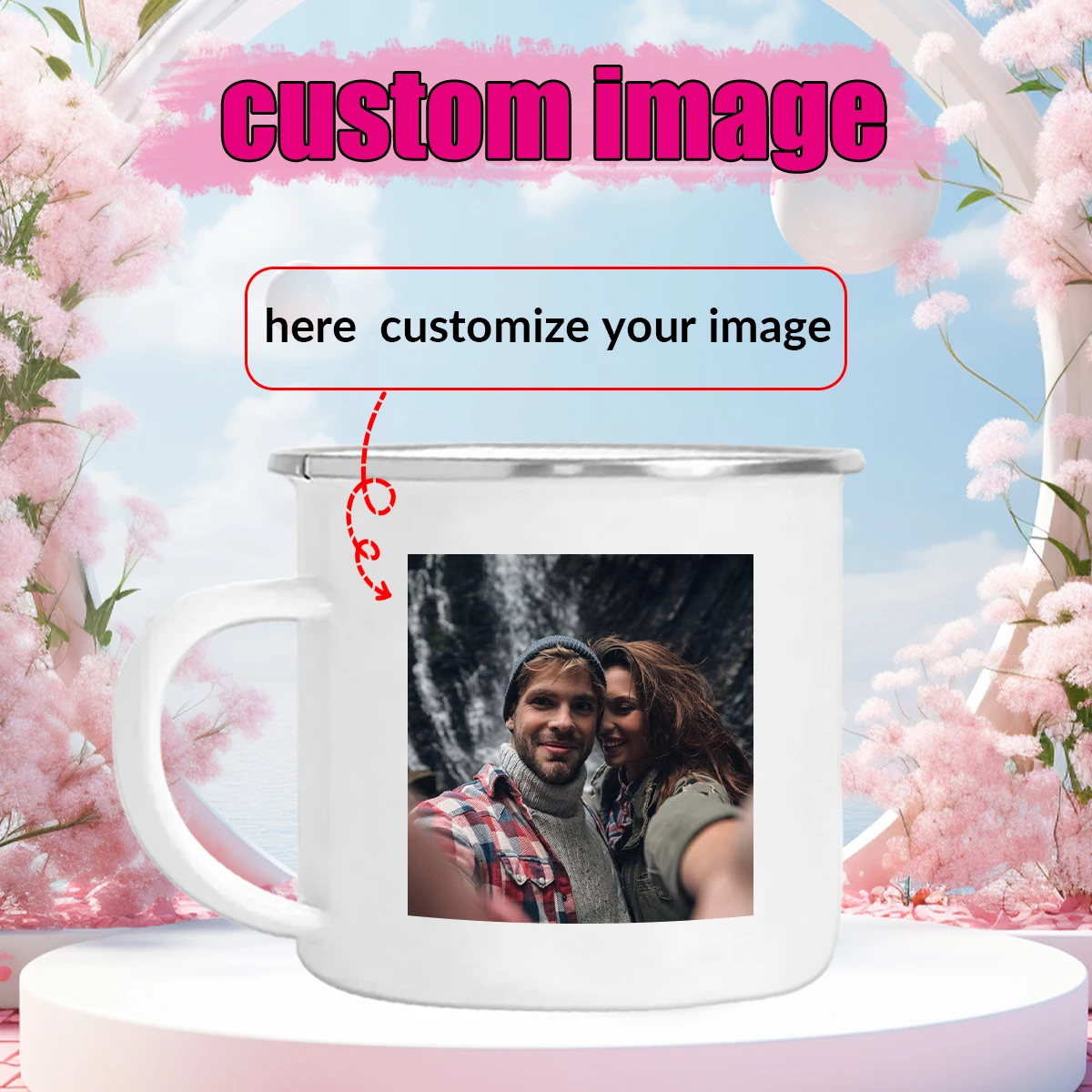 11oz Customized Photo Enamel Cups with Handgrip 1pc Portable Water Cups Drink Mugs Holiday Commemorative Cup Casual Coffee Mugs