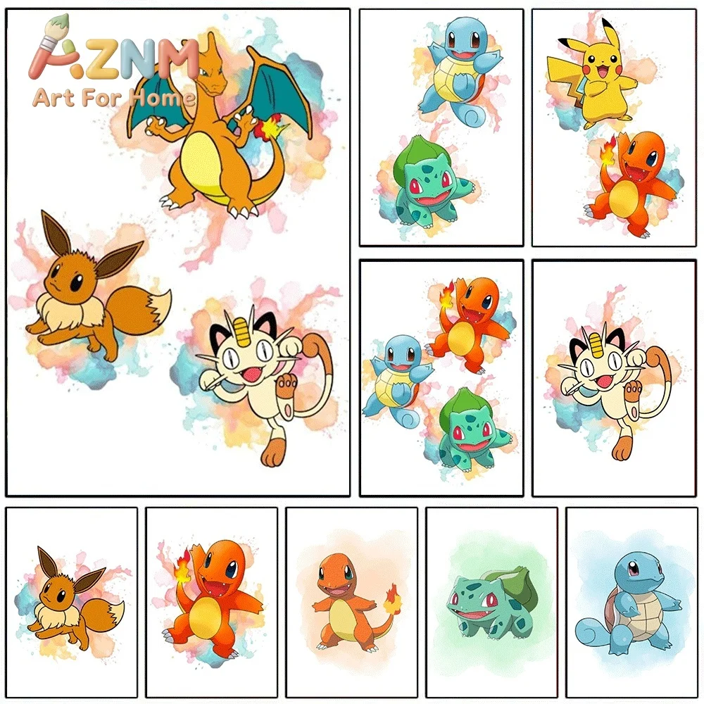 2D Flat Posters & Prints,Charizard Watercolor Splash Canvas Wall Art,2D Flat Frameless Anime Monster Print,Home Decor for Kids